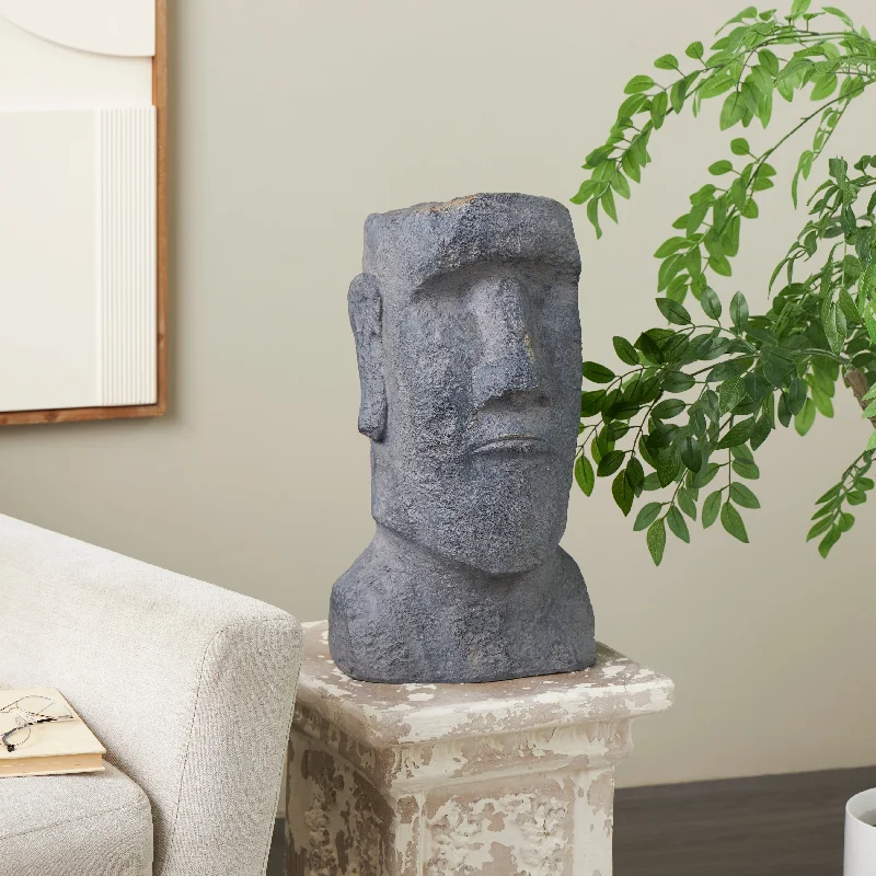 Black Magnesium Oxide Distressed Textured Easter Island Head People Indoor Outdoor Planter with Gold Accents