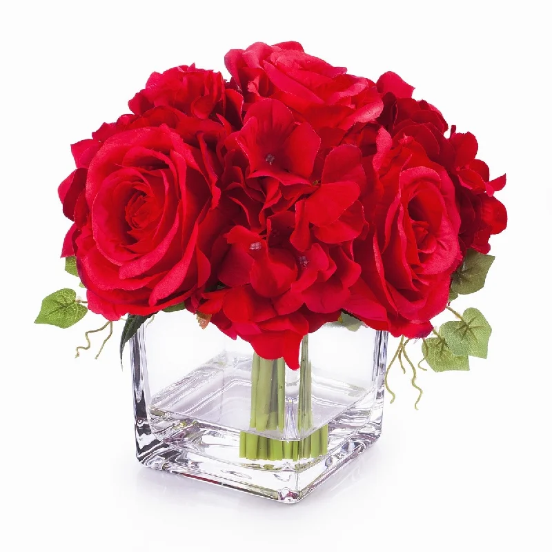 Enova Home Artificial Silk Hydrangea and Fake Roses Flowers Arrangement in Cube Glass Vase with Faux Water for Home Decoration