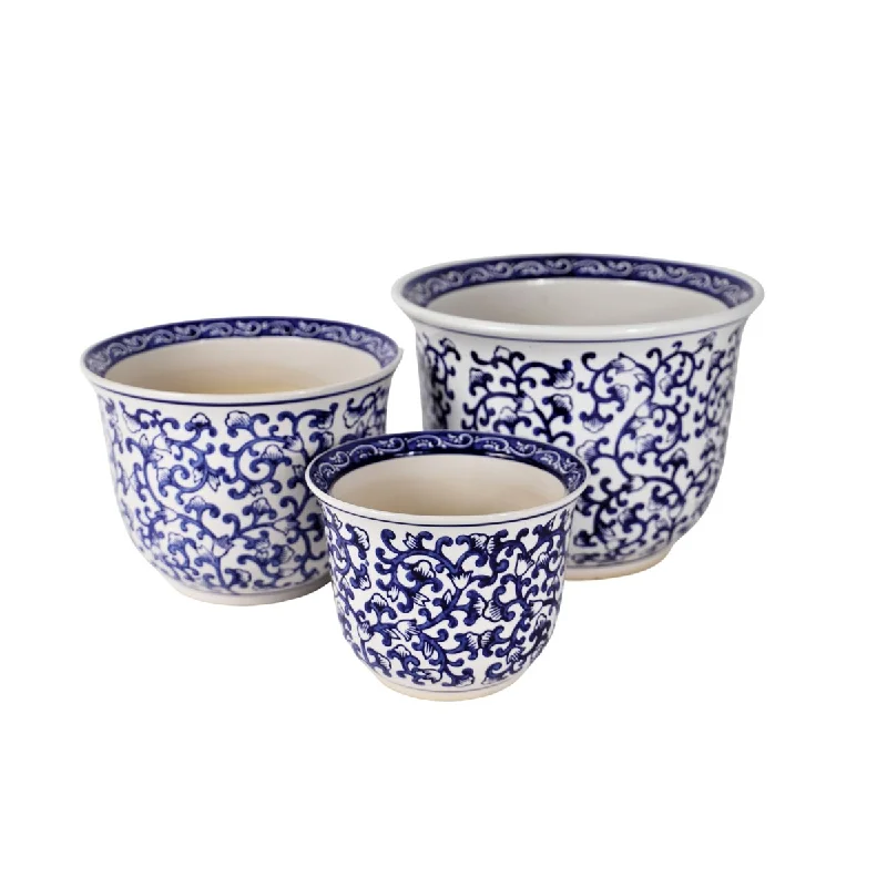 Euro Ceramica 3 Piece Blue and White Ceramic Florentine Garden Planter Set - Set of 3