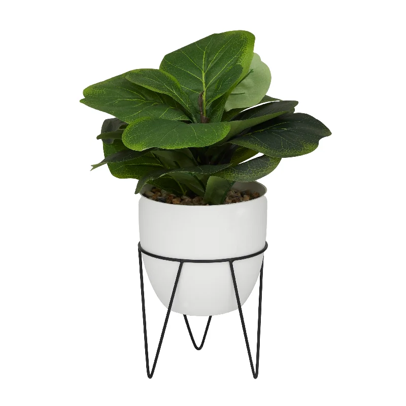 Faux Foliage Pilea Artificial Plant with Realistic Leaves and Metal Stand and White Pot - Green - Roche River Decor