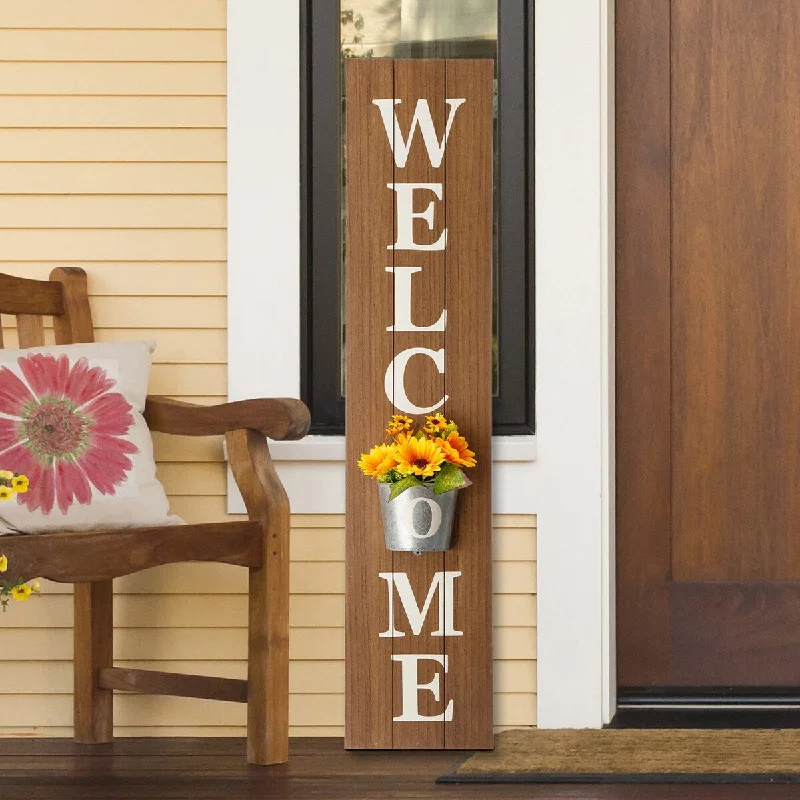 Glitzhome 42-inch Wooden Welcome Porch Sign Wall Decor with Metal Planter