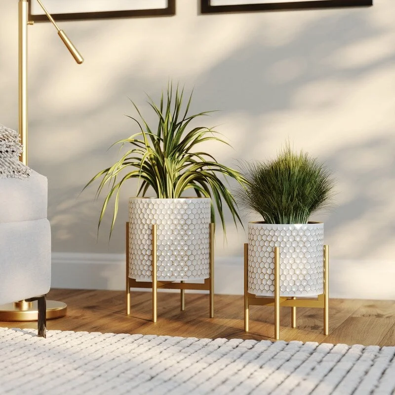 Honeycomb White & Gold Indoor Metal Pot Planter With Loki Gold Planter Base Set - 12"H x 9.5"W x 9.5"D