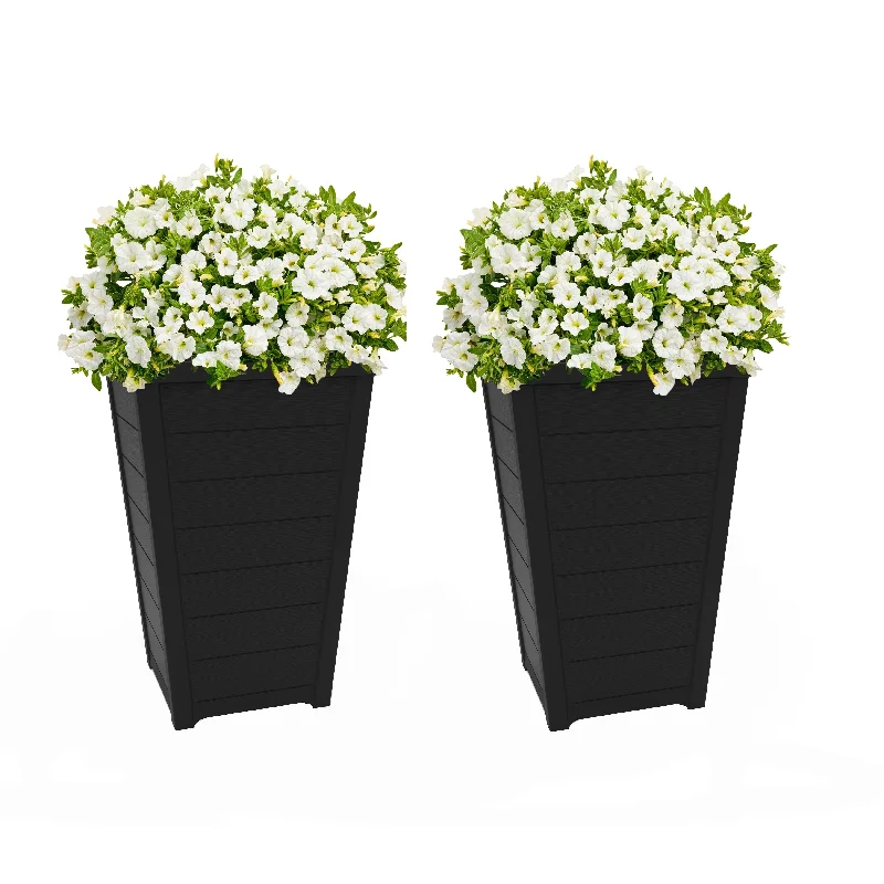 Keter Set of 2 Resin Modern Outdoor 22 Inch Tall Large Flower Pot Planters in a Stylish Tapered Wood Look Pattern