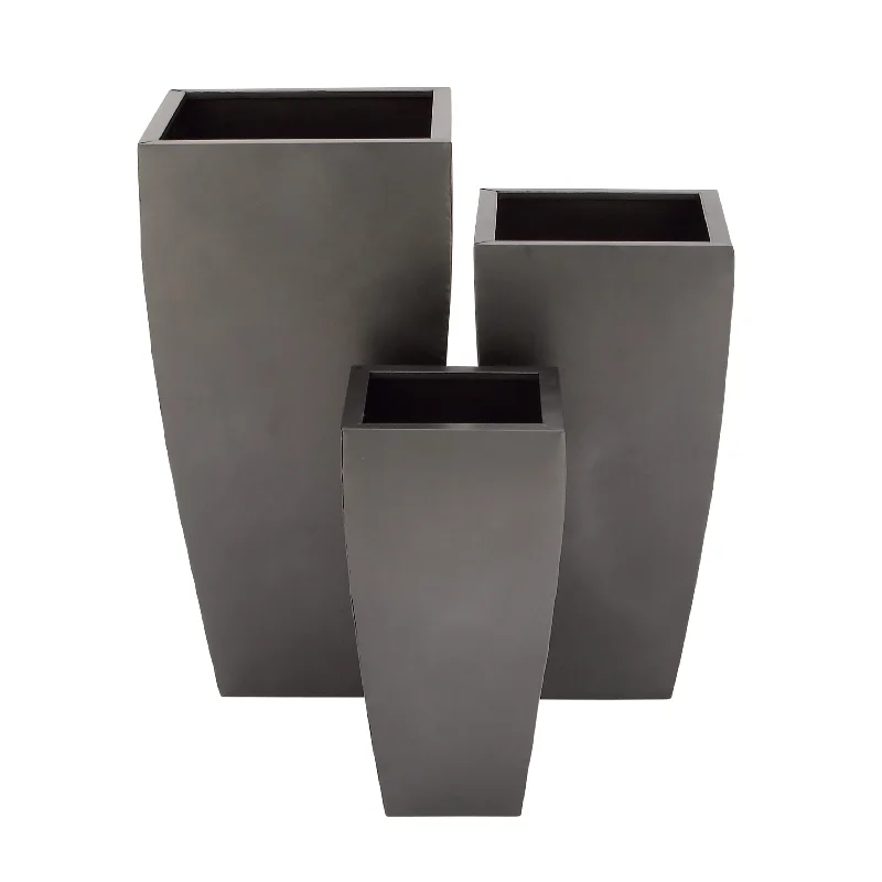 Metal Light Weight Planter with Tapered Base and Polished Exterior - Set of 3 Gray or Dark gray - Roche River Decor