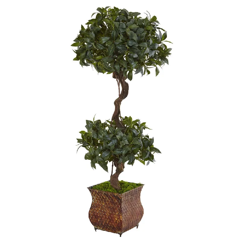 Nearly Natural 4.5-foot Sweet Bay Double Topiary Tree in Metal Planter