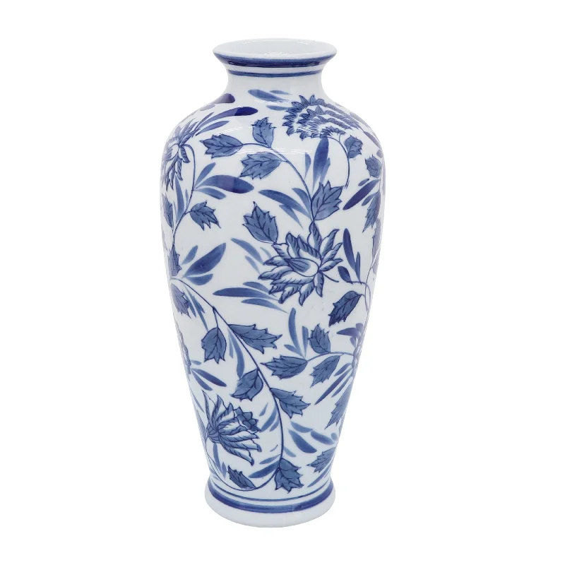 Sagebrook Home 13" Ceramic Vase Contemporary Blue and White Chinoiserie Design Floral Vase