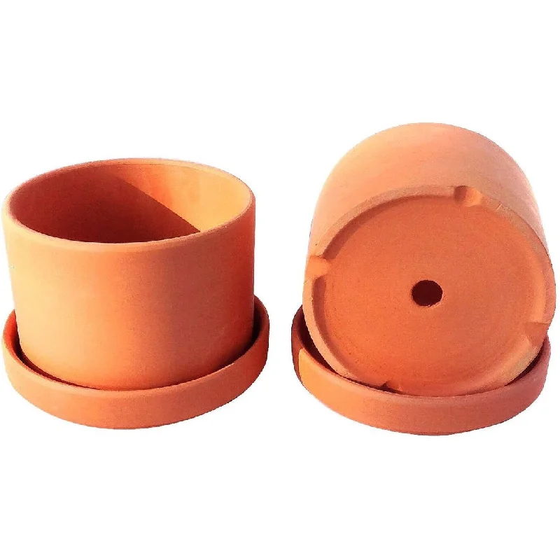 Set of 2 Terracotta Round Fat Walled Garden Planters with Individual Trays, 2 SIZES AVILABLE