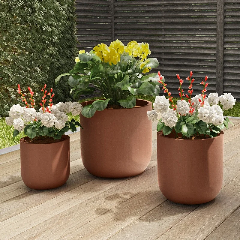 Set of 3 Fiber Clay Planters by Pure Garden – Brown, Cylinder