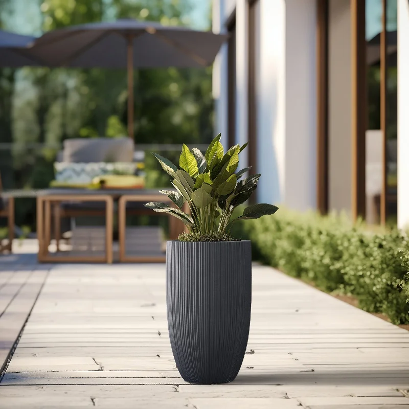 Textured Granite Gray Tall Concrete Round Plant Pots / Large Indoor and Outdoor flower Planters (13.5 Inch x 24.5 Inch)