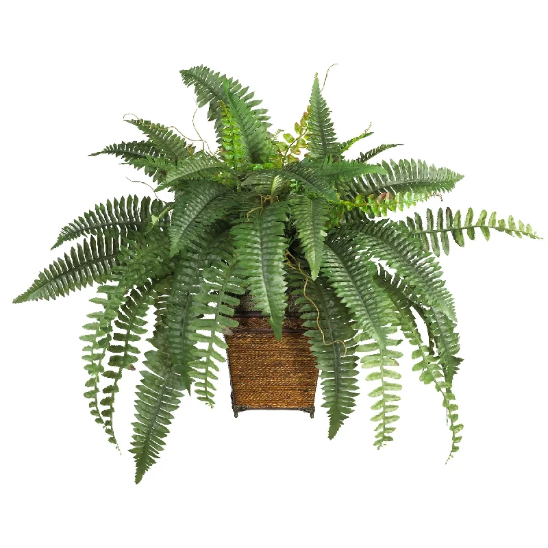 The Curated Nomad Zaius Silk Boston Fern with Wood Wicker Basket - Green