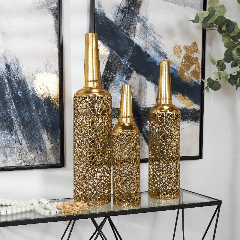 The Novogratz Gold Metal Abstract Patterned Decorative Vase with Open Frame Design (Set of 3) - 30, 25, 21"H